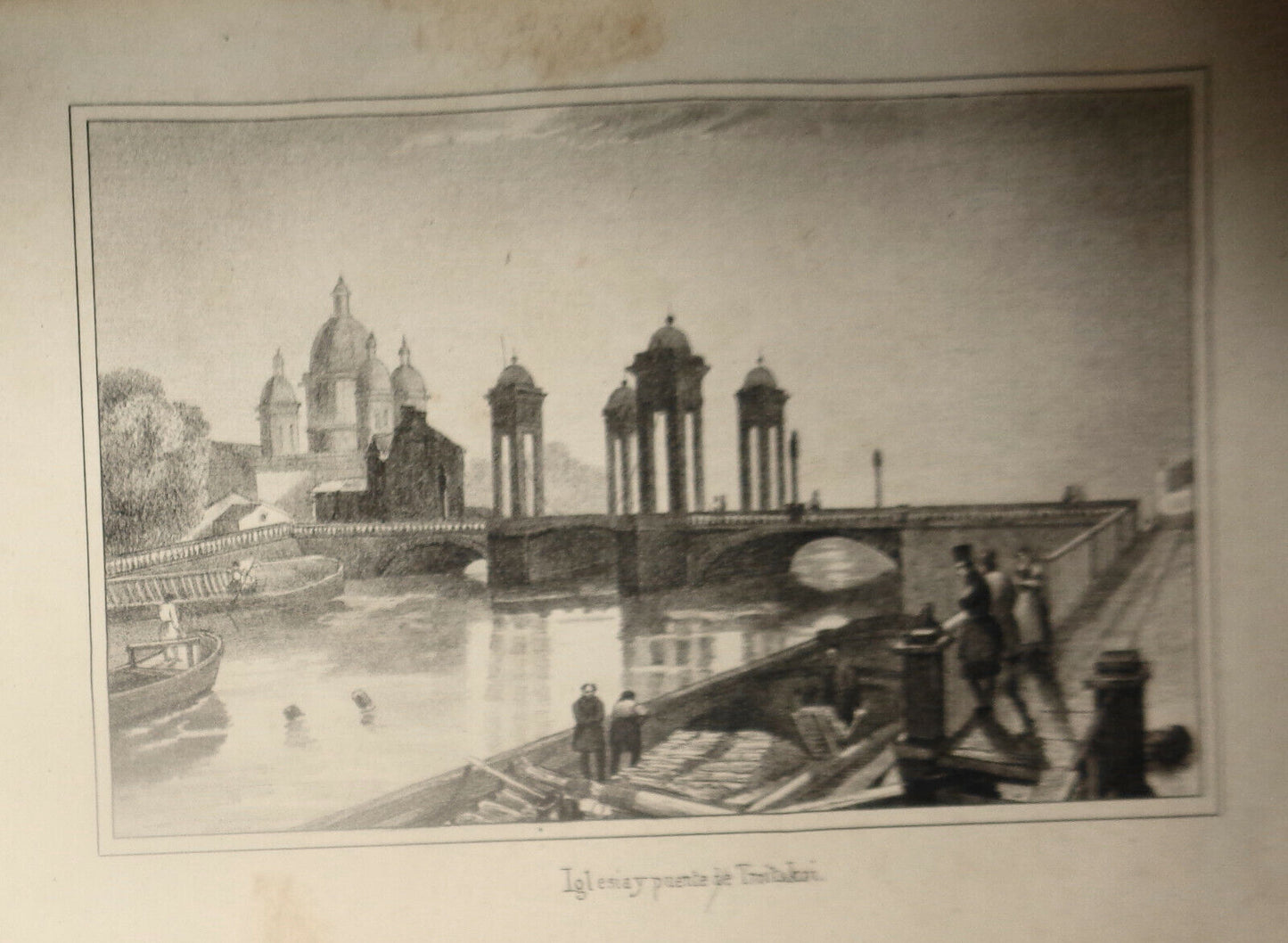 1840 Rusia - Iglesia y puente de Troitskoi - original engraving. Chopin.