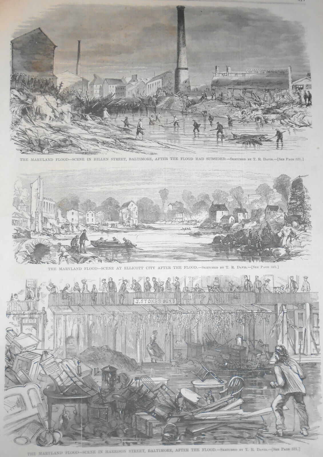 The Maryland Flood - 3 Prints by T. R. Davis - Harper's Weekly, August 15, 1868