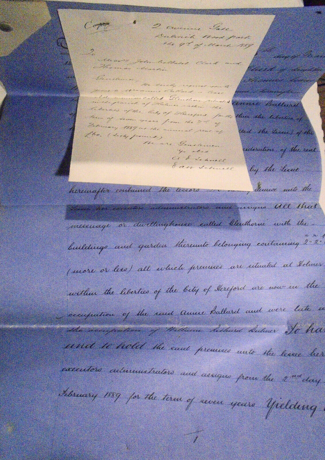 1889 Lease indenture. Hereford, England. Clark and Martin to Mrs. Annie Ballard.