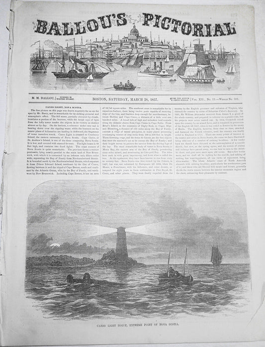 Ballou's Pictorial, March 28, 1857. Canso Light House; Lewiston, Maine scenes;
