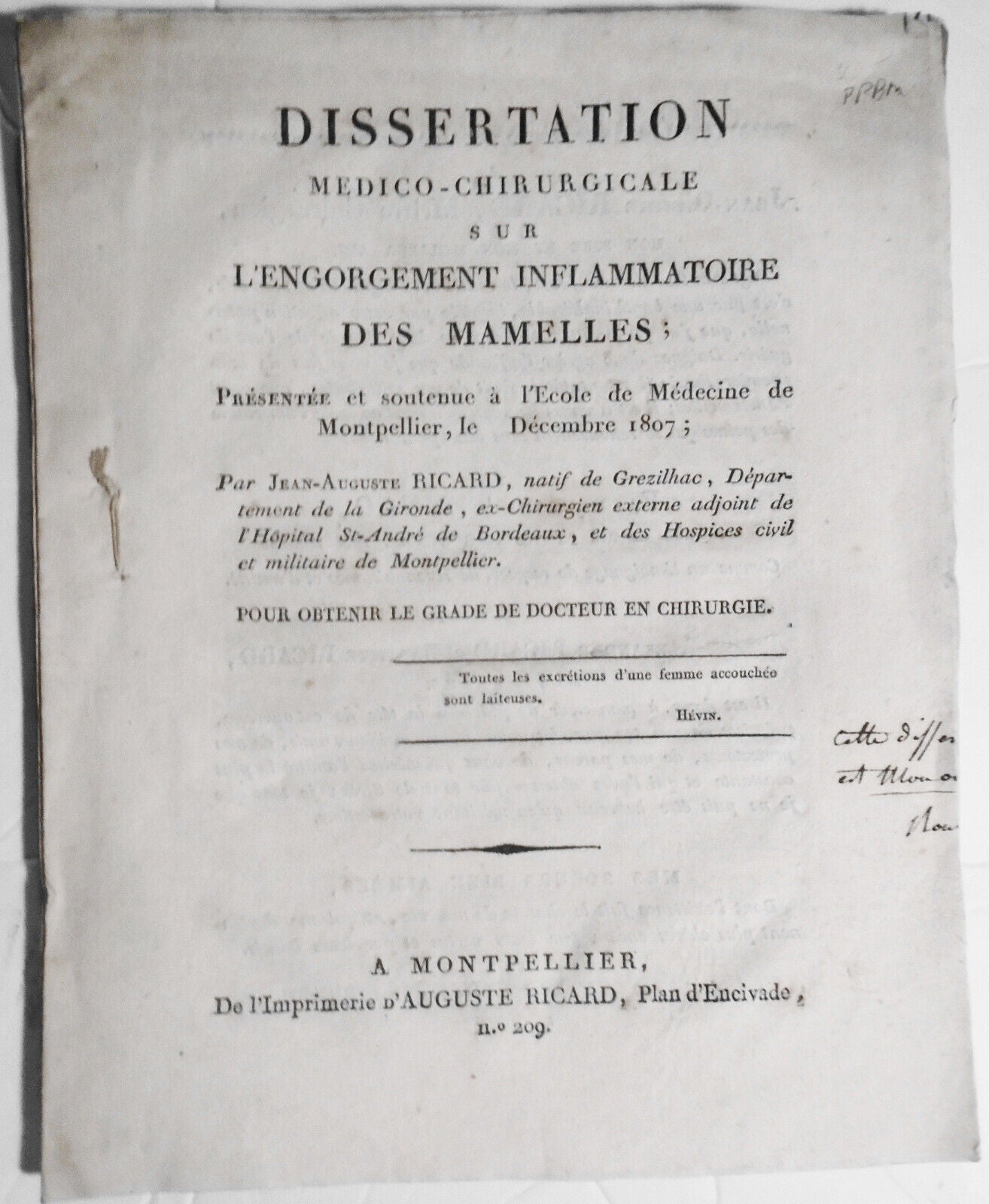 1807 Dissertation médico-chirurgicale sur l'engorgement inflammatoire mamelles