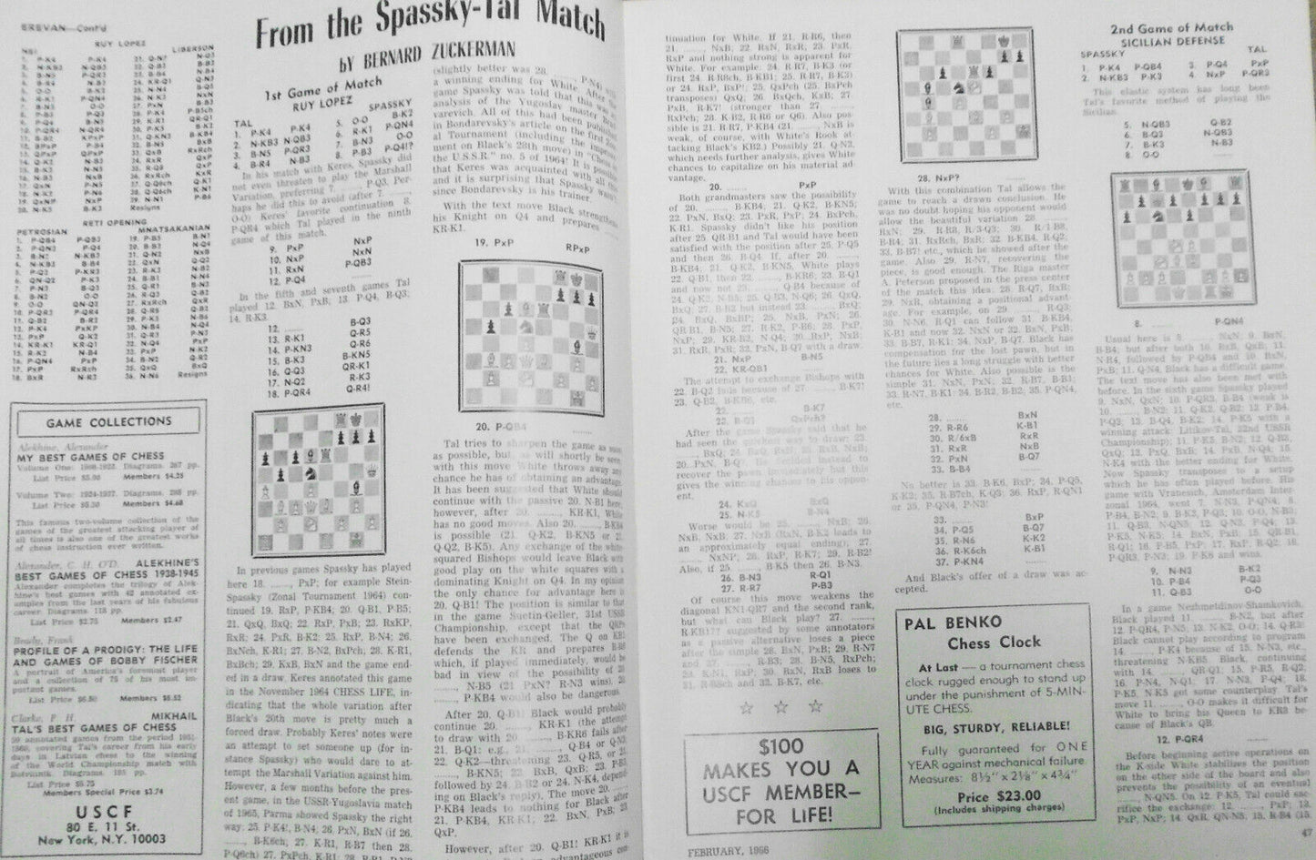 Chess Life, February 1966 -  Petrosian; Spassky-Tal match, Erevan 1965, etc..