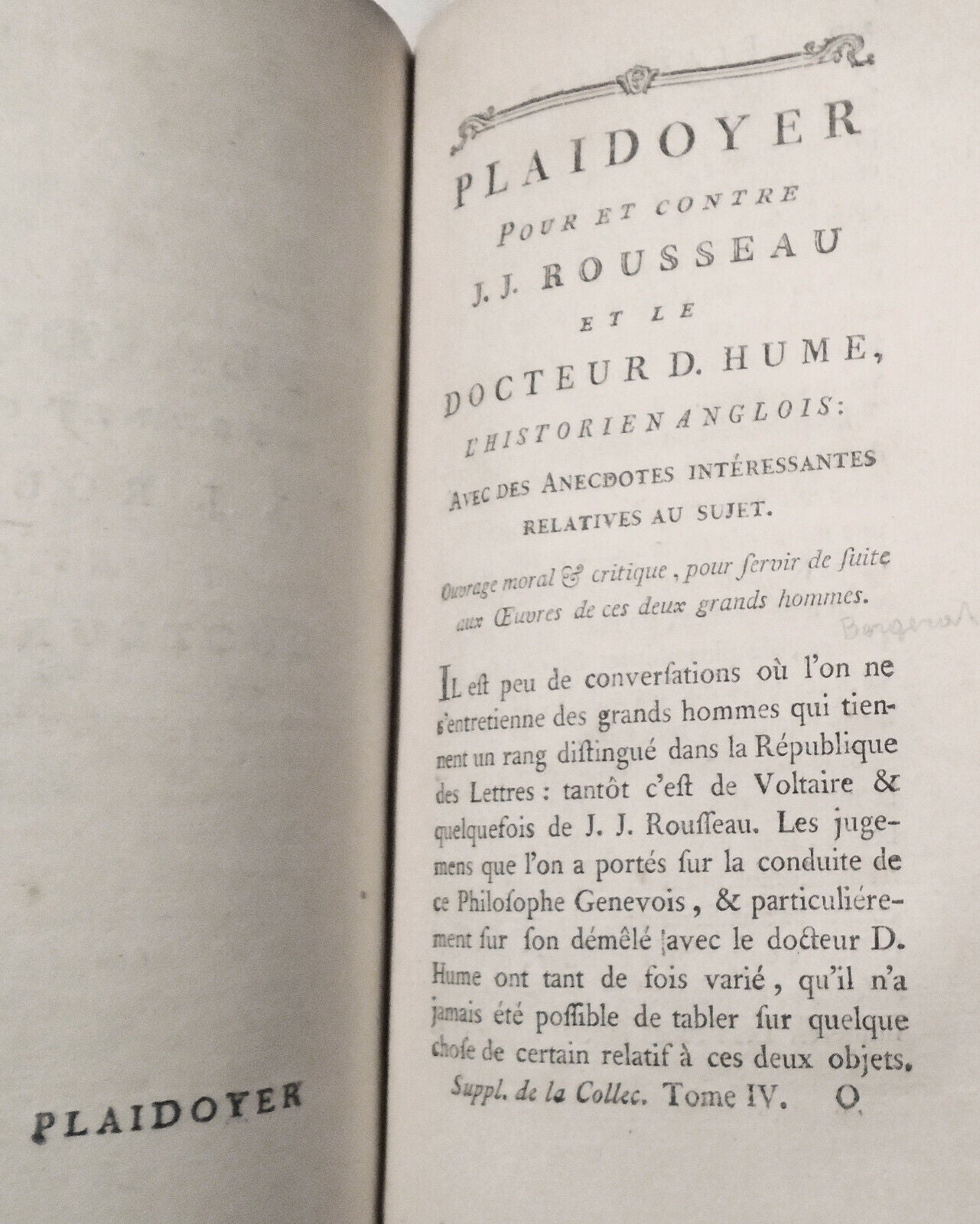 1782 Supplement Collection Des Oeuvres De Jean Jacques Rousseau, Tome Quatrieme