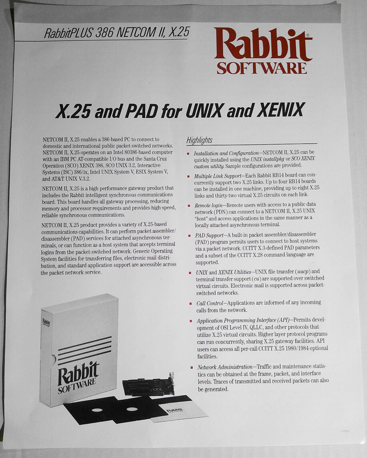 Rabbit Software -  UNIX / Xenix / AIX Connectivity - Brochure & 6 flyers. 1980s