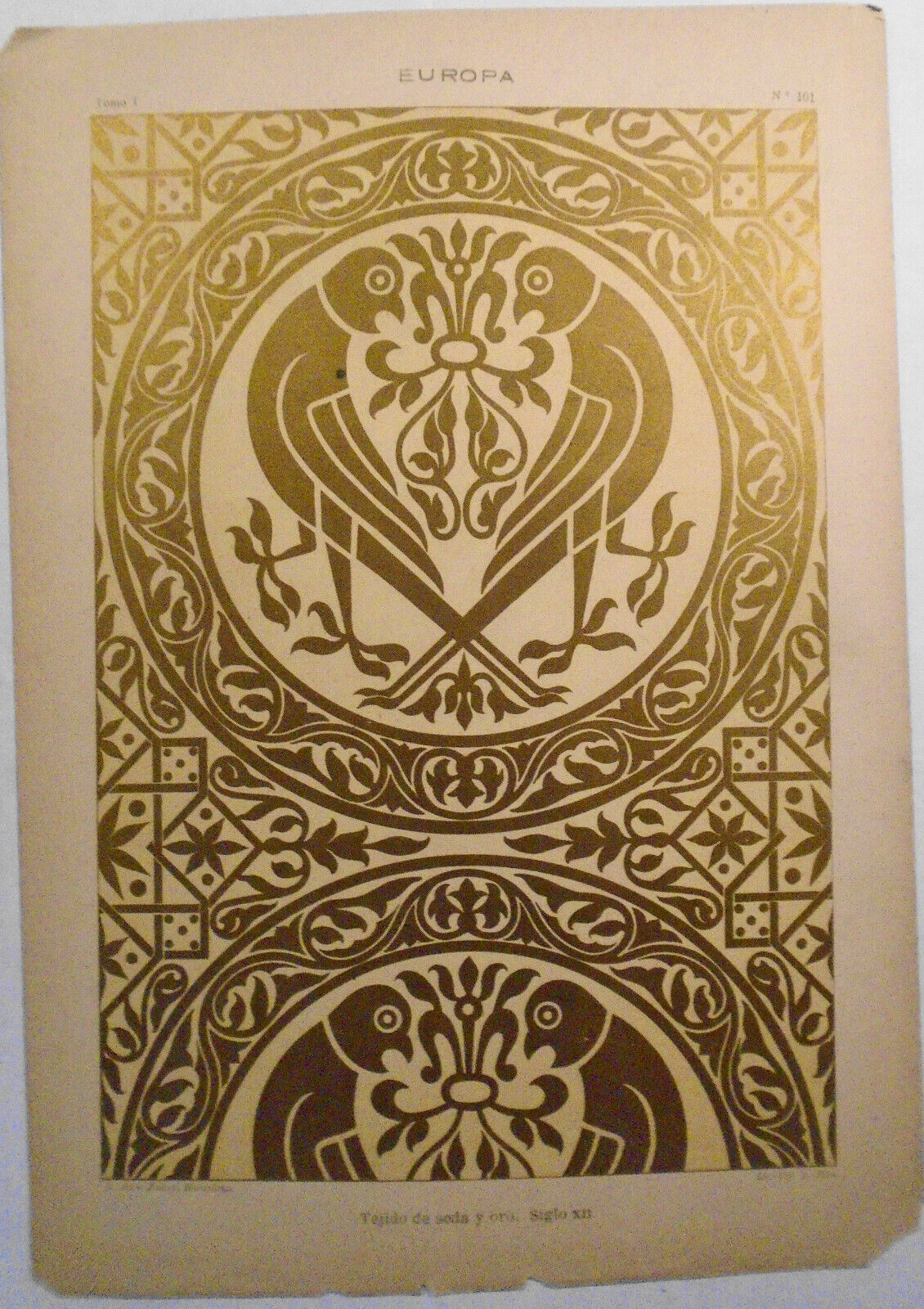 Europa: Tejido de seda y oro, Siglo XII  -  litho ca 1890, J. Aleu, Barcelona