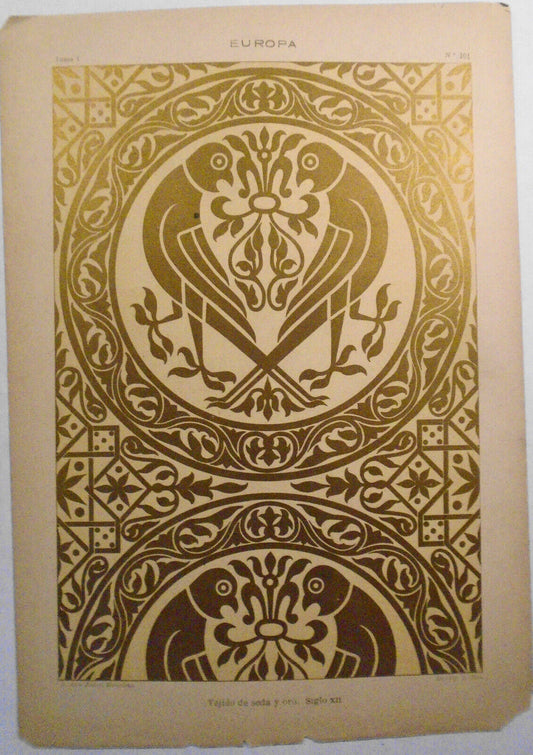 Europa: Tejido de seda y oro, Siglo XII  -  litho ca 1890, J. Aleu, Barcelona