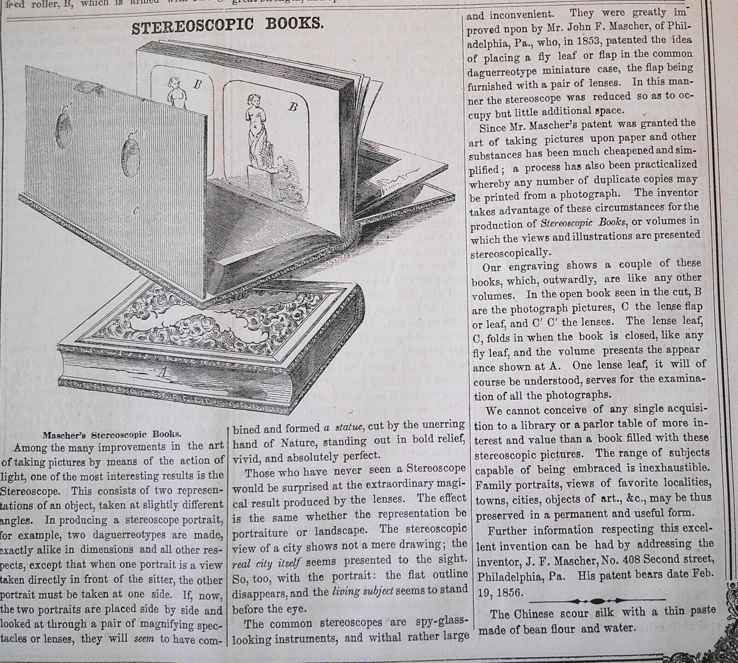 Scientific American, March 29, 1856. Stereoscopic books; Daguerreotype Pictures