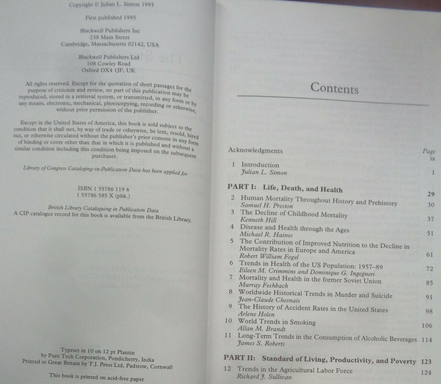 The State of Humanity, by Julian L Simon. First Edition 1995. Hardcover/DJ