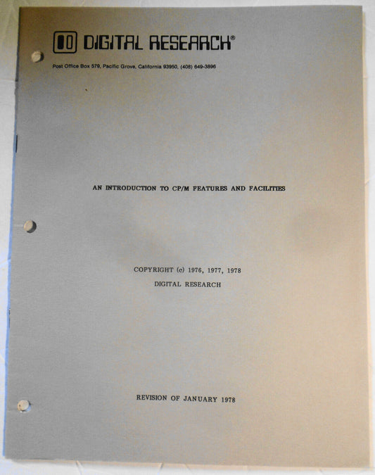 1978 Digital Research : An Introduction to CP/M Features and Facilities. Fine.