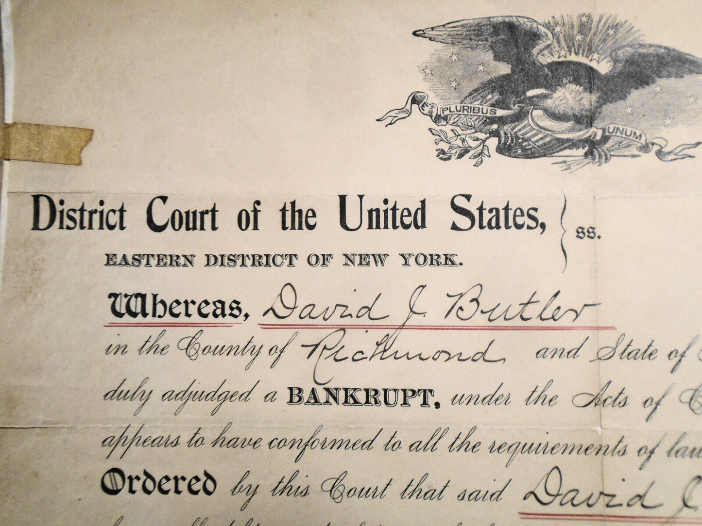 David J. Butler, Adjudged a Bankrupt. Certificate, Richmond,  New York, 1900.