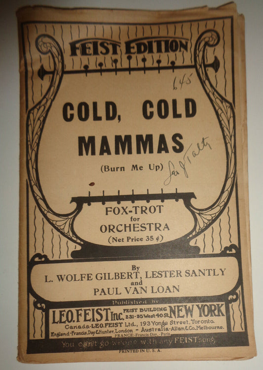 Cold, cold mammas (burn me up)  fox-trot 1924  for orchestra by L Wolfe Gilbert