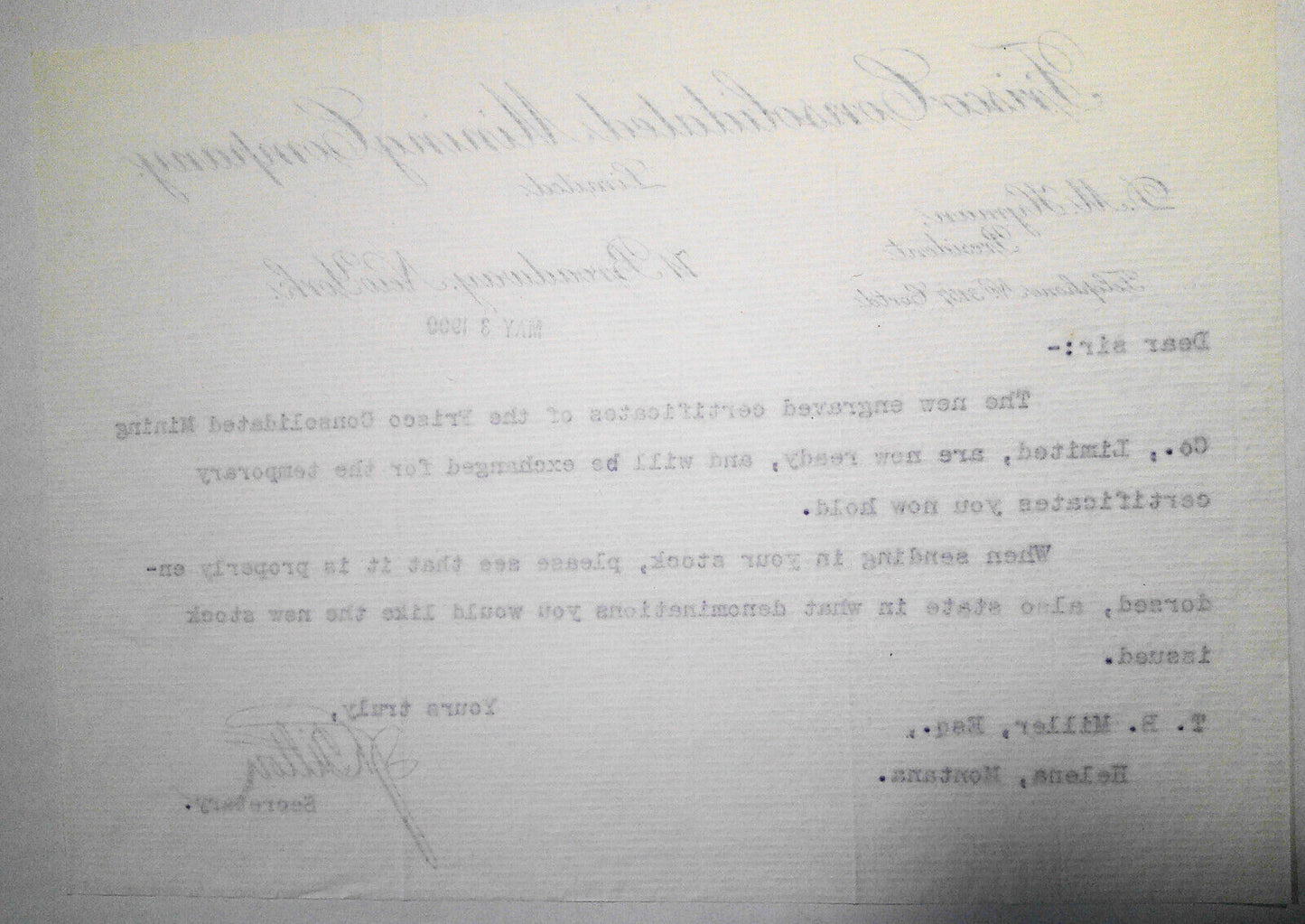 1900 Frisco Consolidated Mining Company, New York letter -re. stock certificates