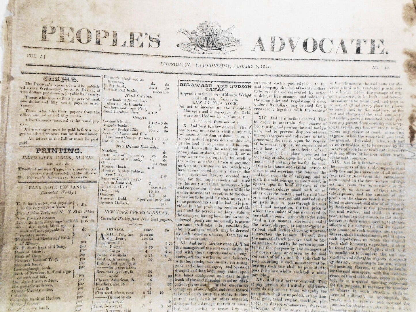 People's Advocate, January 5, 1825 - Kingston (N.Y.) - Gov DeWitt Clinton's copy