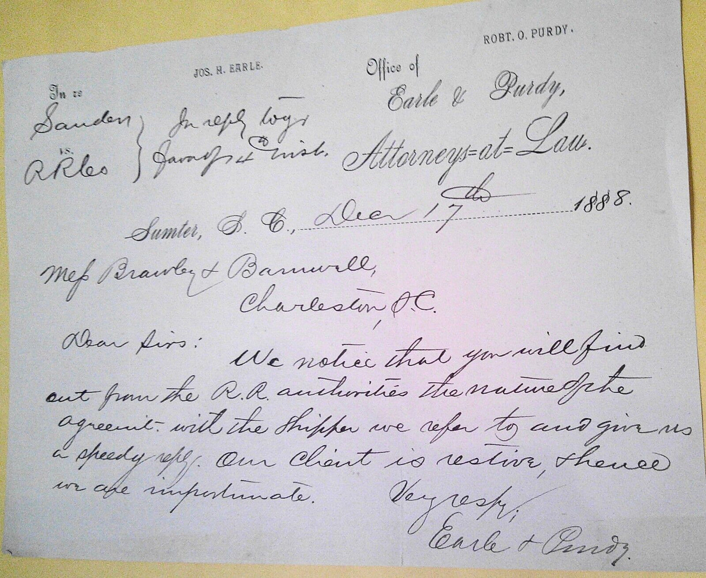 1888 Letter from Earle & Purdy,  Sumpter, South Carolina