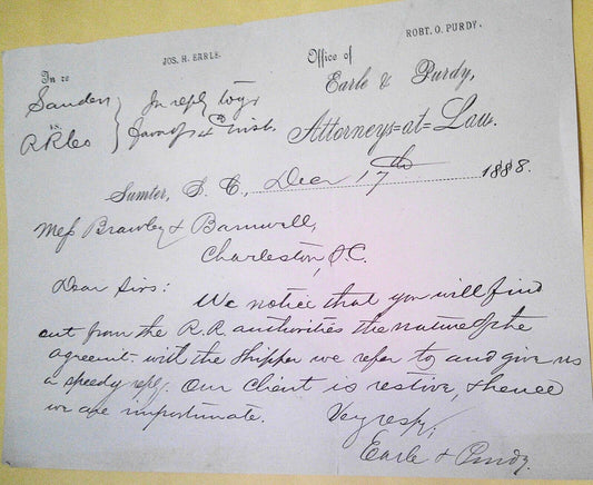 1888 Letter from Earle & Purdy,  Sumpter, South Carolina