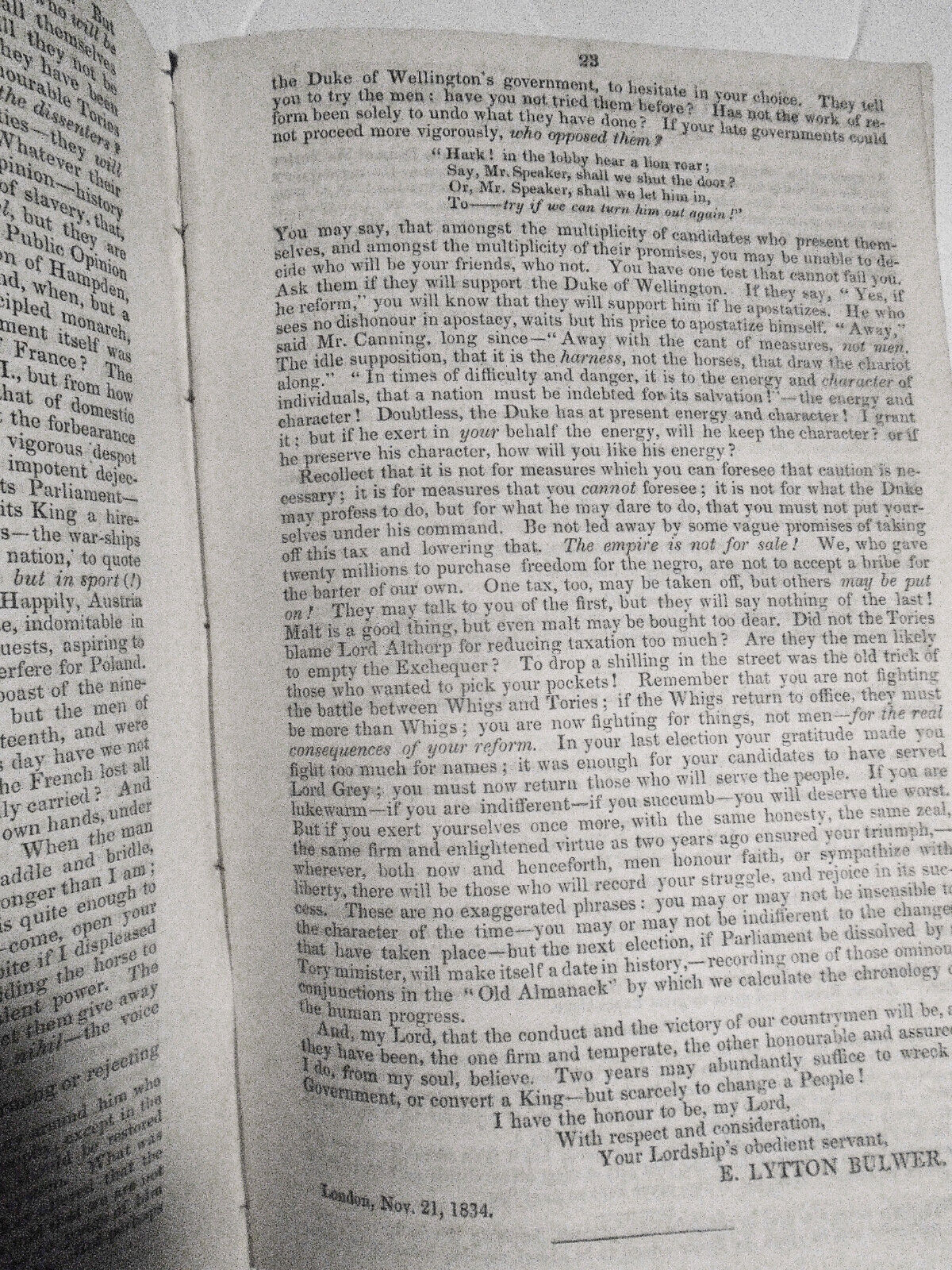 1834 The Present Crisis. Letter to Late Cabinet Minister by Edward Bulwer Lytton