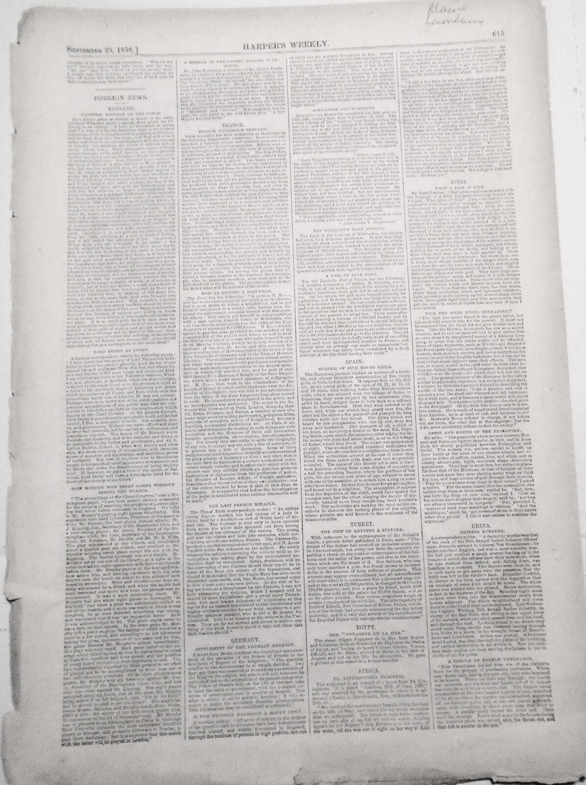 Lumbering in Maine, and New Brunswick - Harper's Weekly 1858 - 3 prints & story