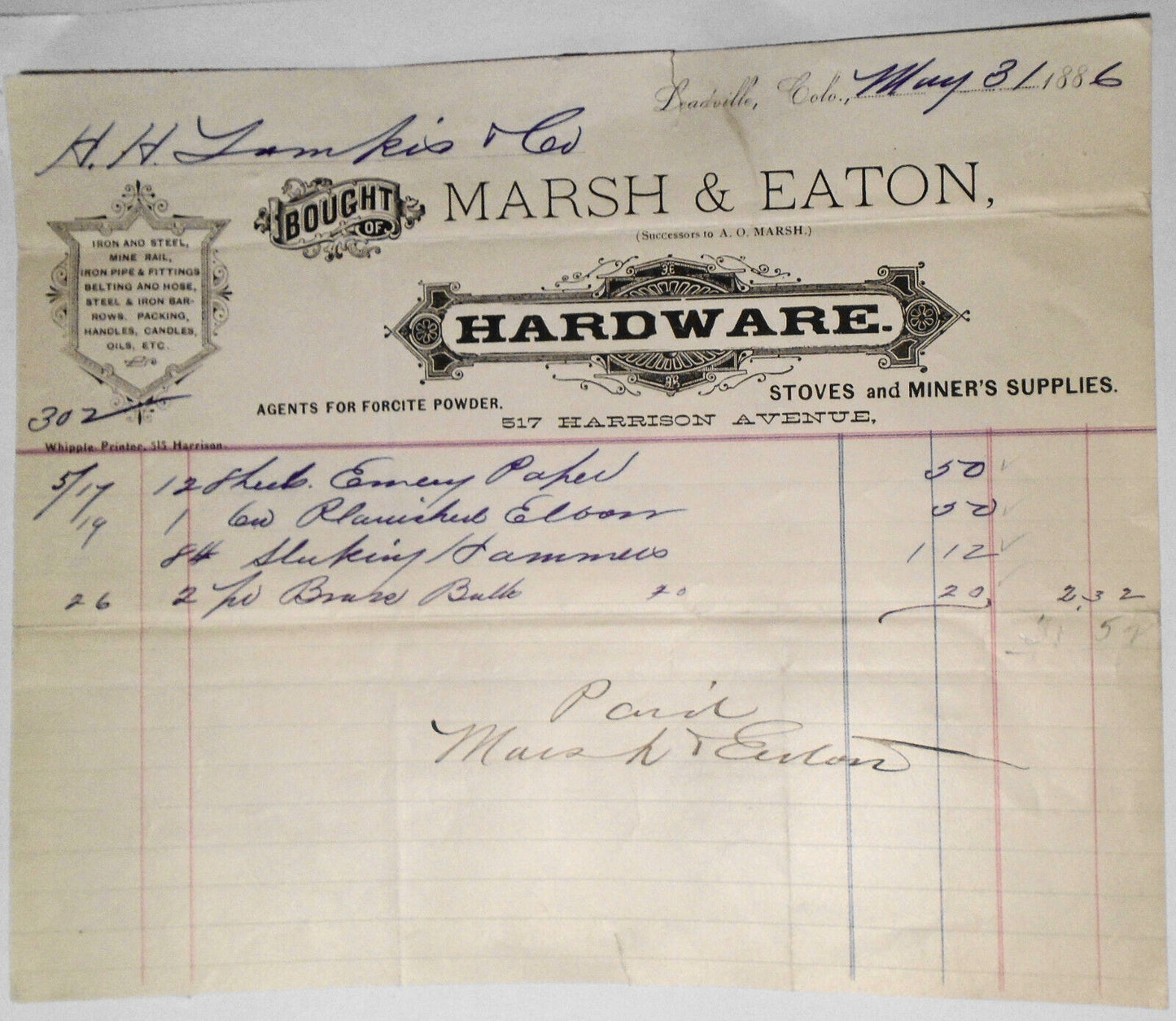 1886 Marsh & Eaton Hardware, Stoves, Miner's supplies receipt Leadville Colorado