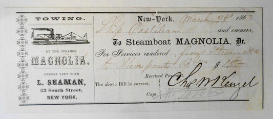 1863 Towing Ship Castilian by Steamboat Magnolia, from Stream NY to Pierreponts