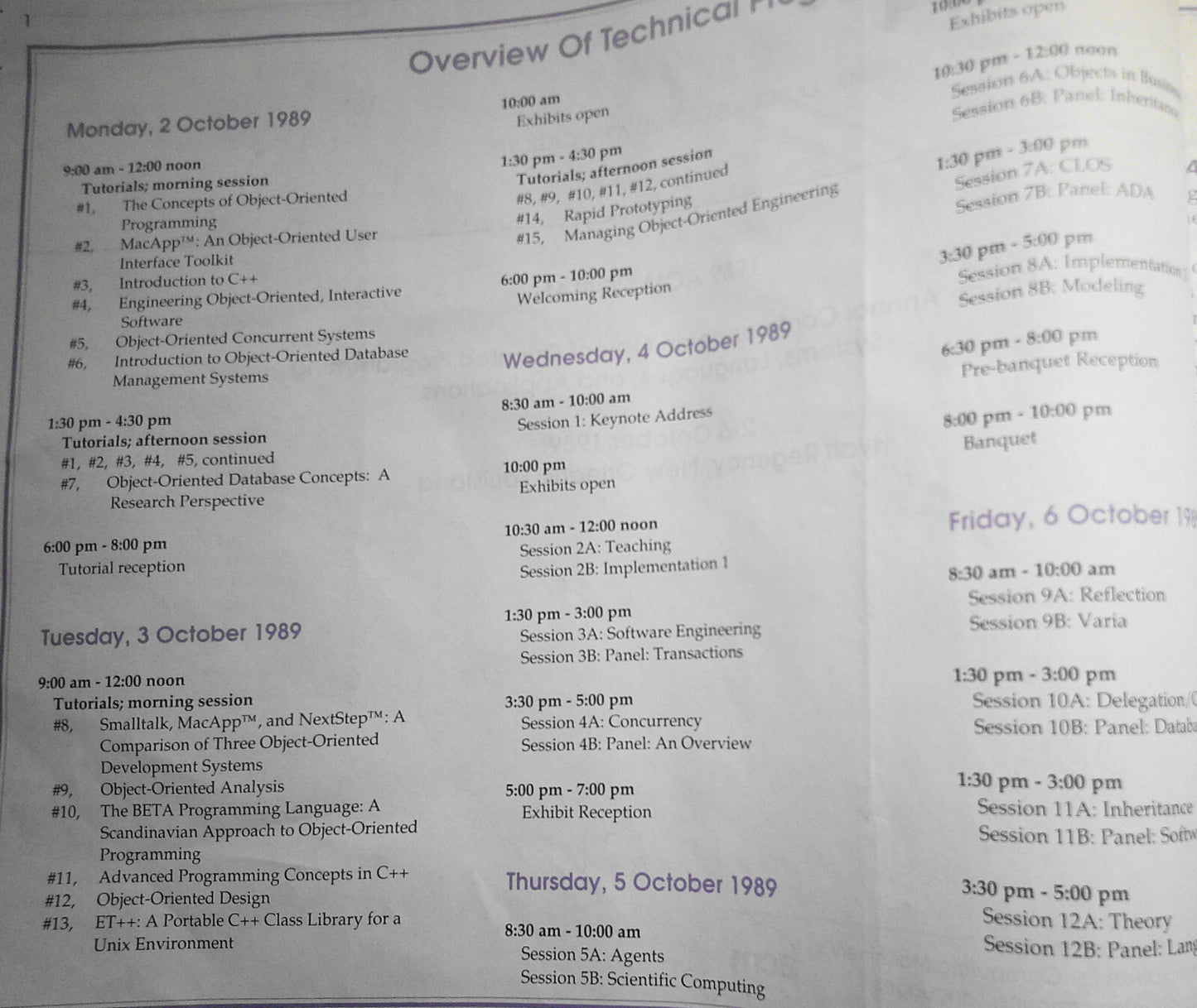 OOPSLA '89 4th Annual Conference on Object Oriented Programming. Advance program