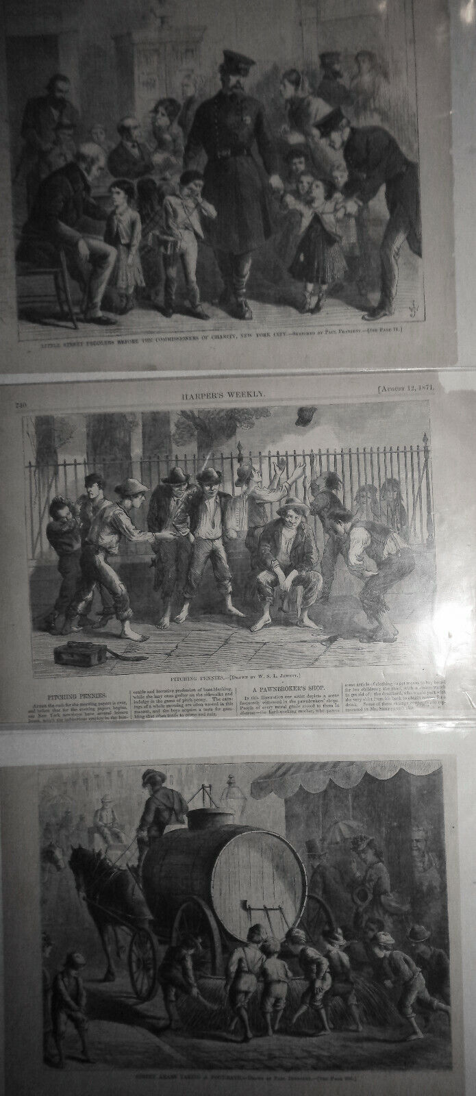 New York City street kids - lot of 3 original prints - Harper's Weekly 1800s