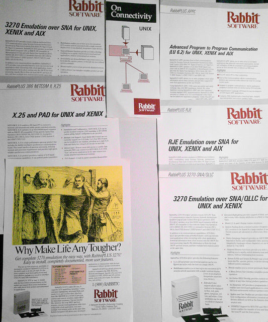 Rabbit Software -  UNIX / Xenix / AIX Connectivity - Brochure & 6 flyers. 1980s