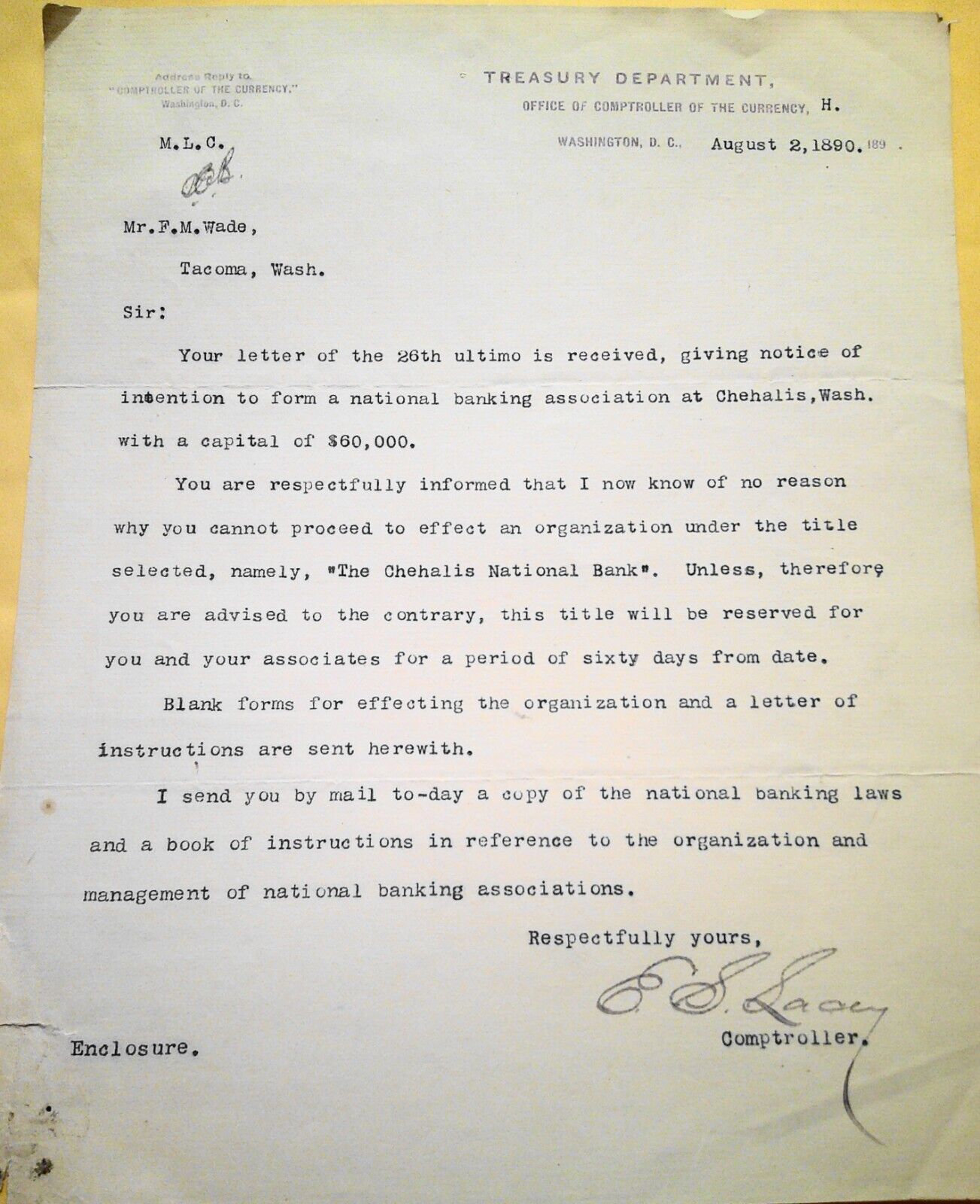 1890 Treasury Dept Comptroller of Currency authorizing Chehalis Bank formation