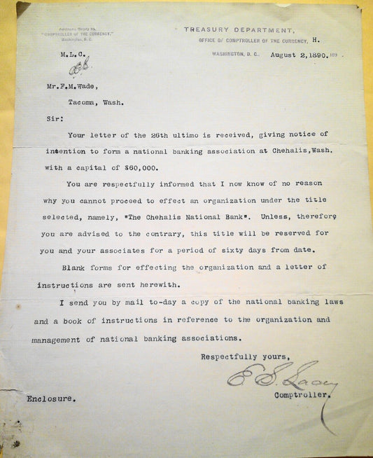 1890 Treasury Dept Comptroller of Currency authorizing Chehalis Bank formation