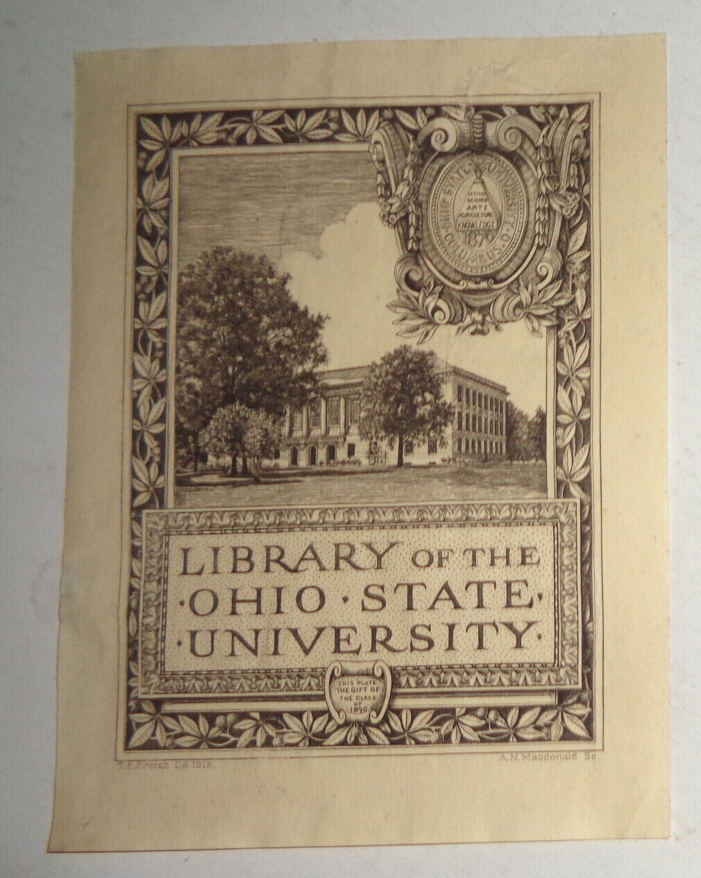 Library of Ohio State University, Ex Libris Bookplate, by A.N. Macdonald - 1915