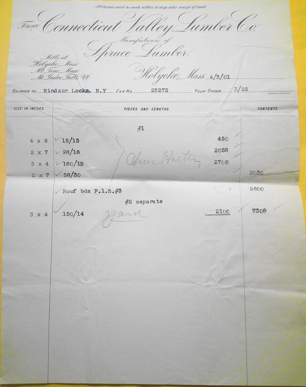 1901 Connecticut Valley Lumber Co. shipping receipt