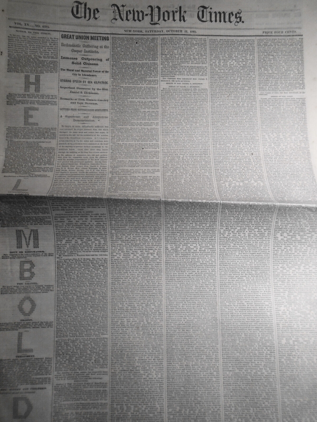 The New York Times, October 21, 1865 - Speeches at Cooper Union: Horace Greeley