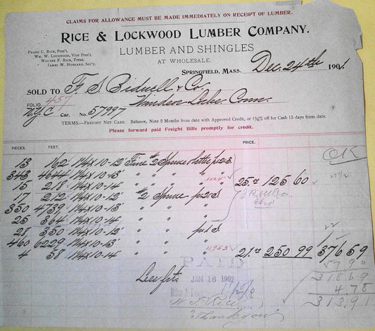 1901 Rice & Lockwood Lumber Company receipt, Springfield, MA. Sold to Bidwell Co