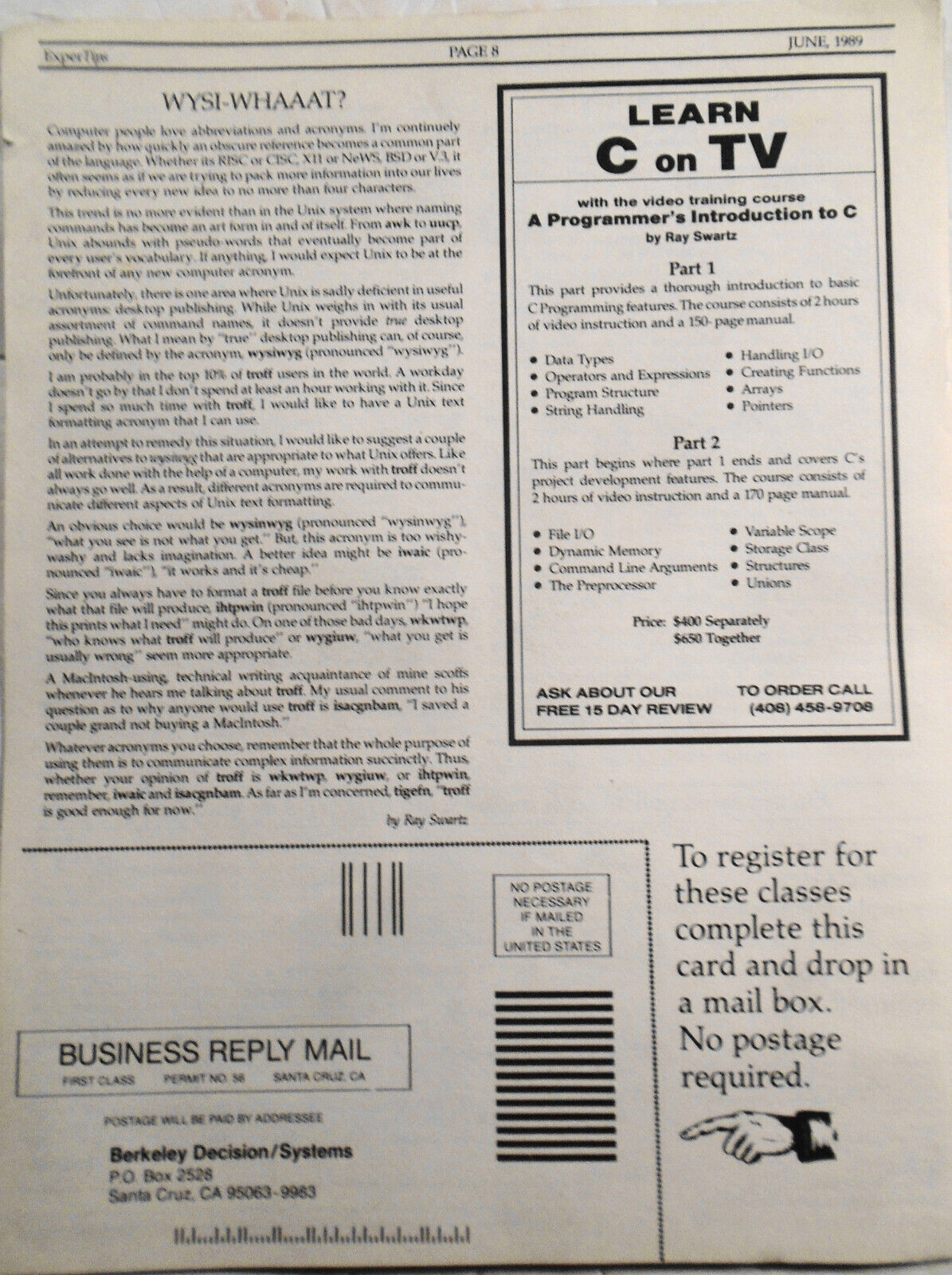 ExperTips, June 1989 -- A C and UNIX Newsletter -- Do-it Yourself UNIX Security