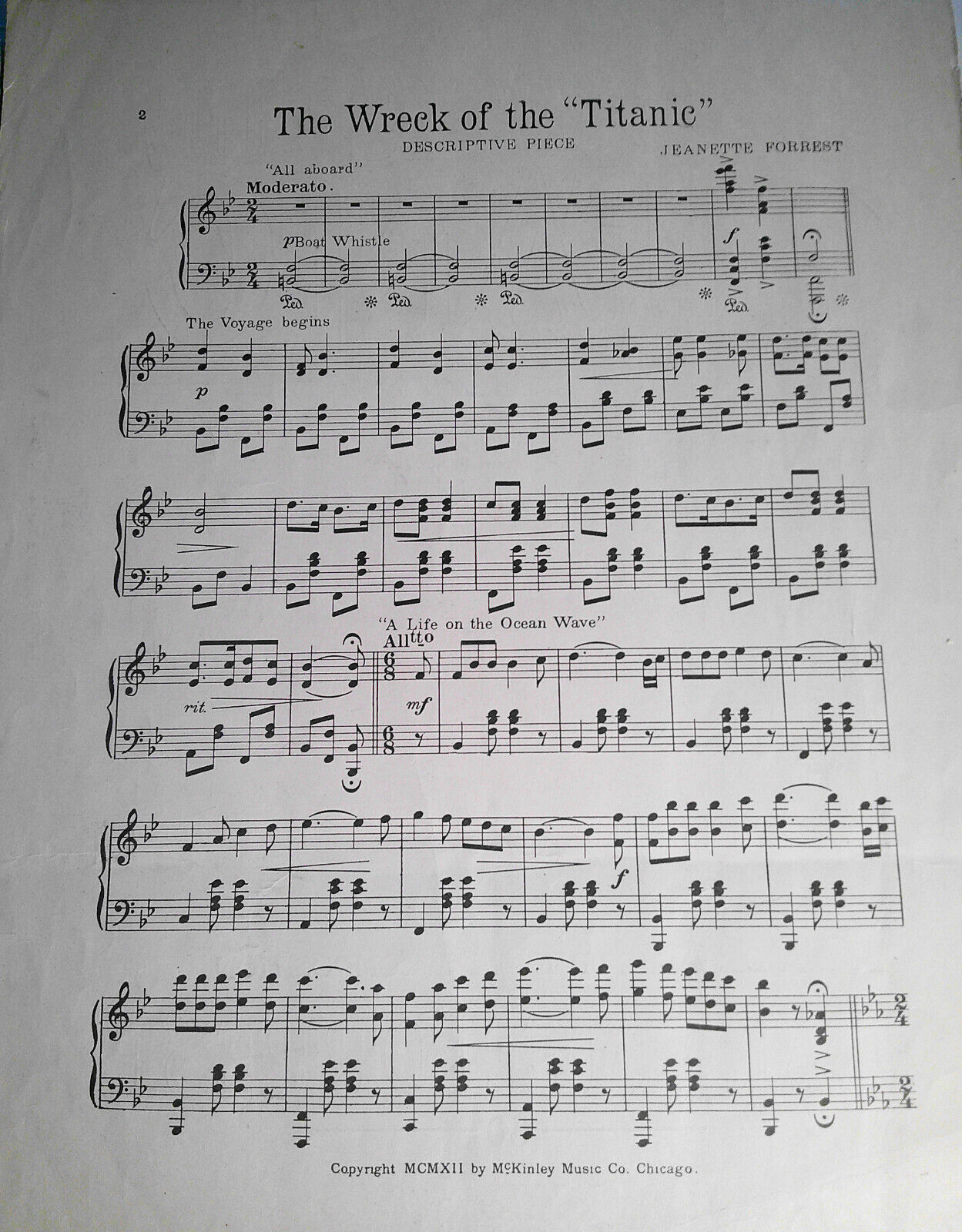 The Wreck of the Titanic, by Jeanette Forrest - sheet music, 1912 original