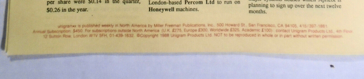 Unigram-X, #174 - April 9, 1988 - London weekly for UNIX manufacturers, et al