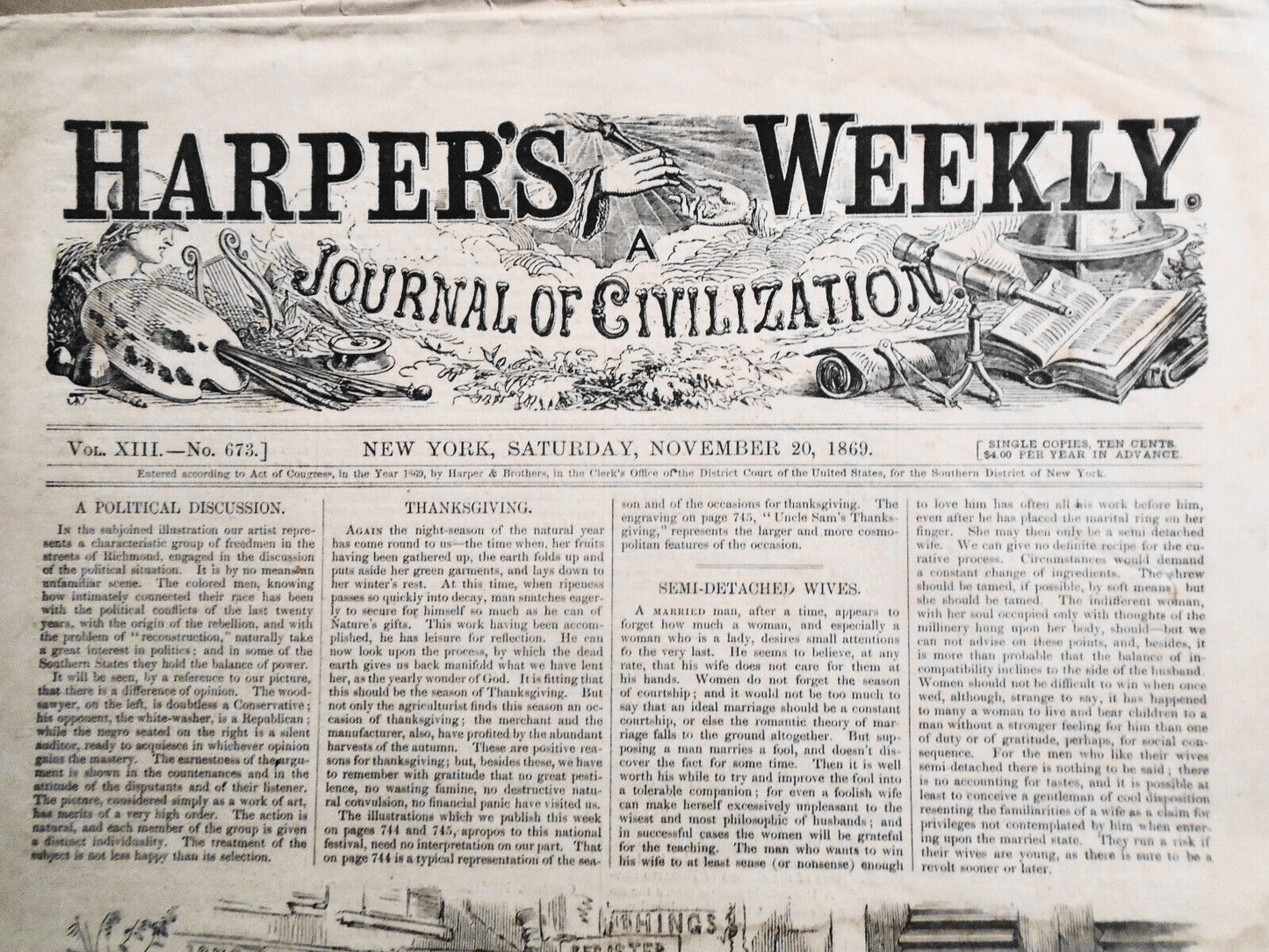 Harper's Weekly November 20, 1869 - Uncle Sam's Thanksgiving Dinner by Nast, etc