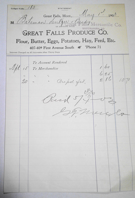 1903 Great Falls Produce Co.,  (Flour, Butter, Eggs...) Billhead Statement
