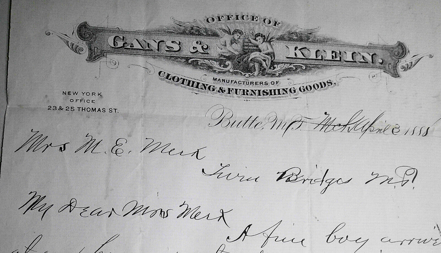 1895 Gans & Klein Billhead, Butte, Montana, with letter announcing birth of boy