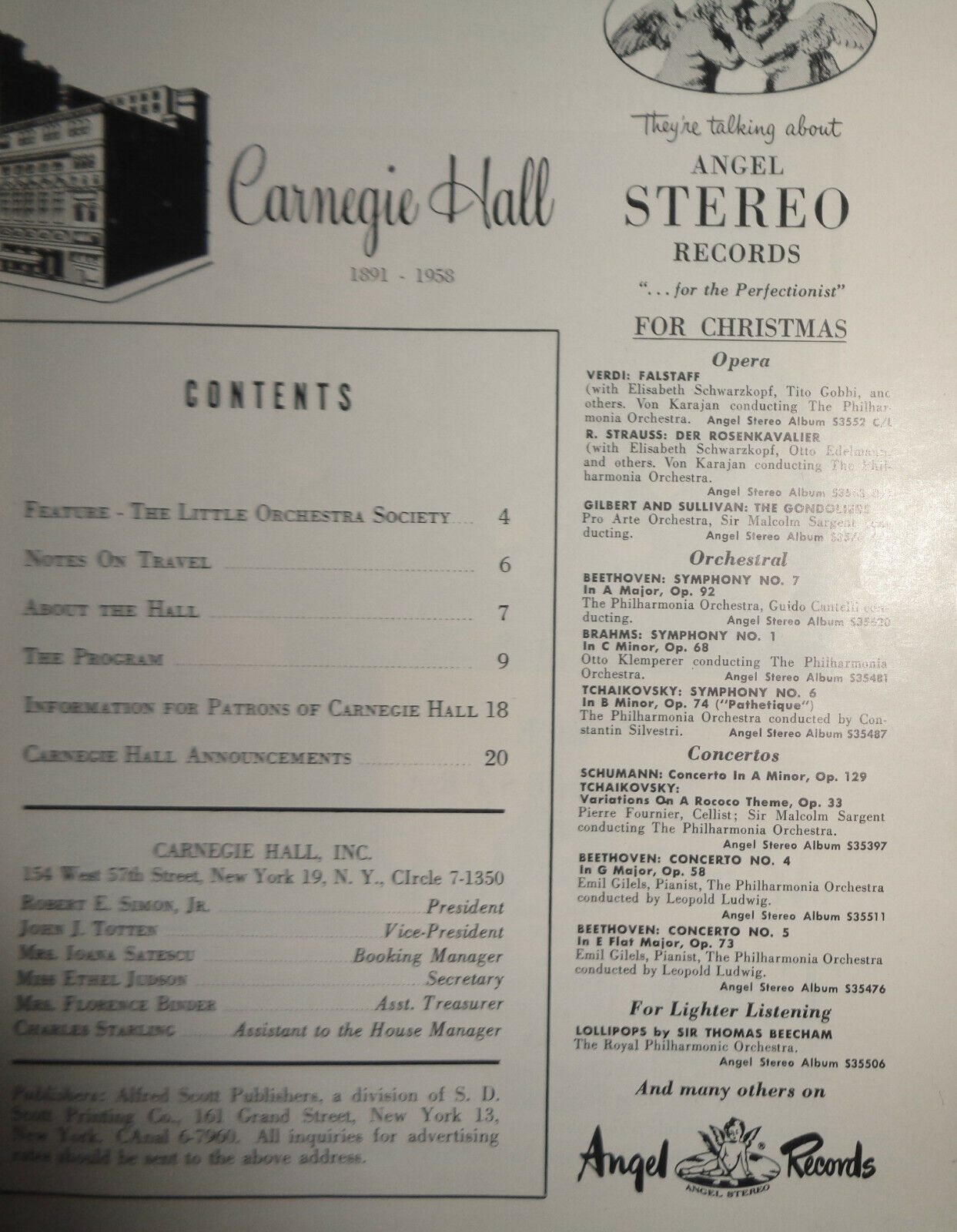 CARNEGIE HALL CHRISTMAS EVE CONCERT - PROGRAM - DEC 24th, 1958 CHAMBER ORCHESTRA