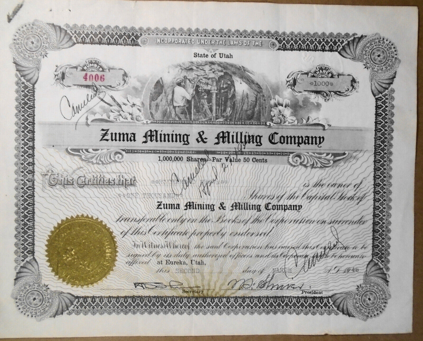 Zuma Mining & Milling Company - Stock Certificate, March 2, 1946