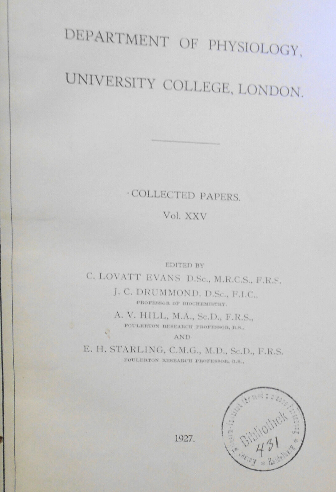 1927 Collected Papers Of Dept. Of Physiology, University College London. Vol. 25