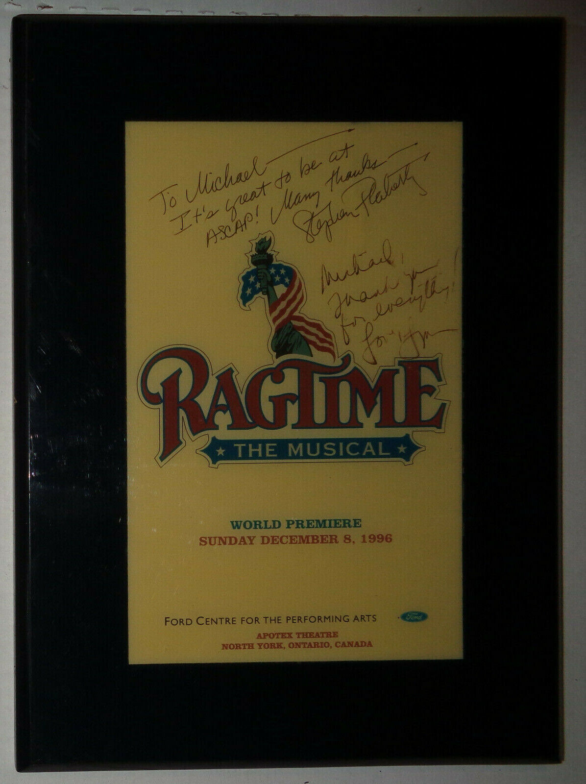 RAGTIME World Premiere plaque 1996 SIGNED by Stephen Flaherty & Lynn Ahrens