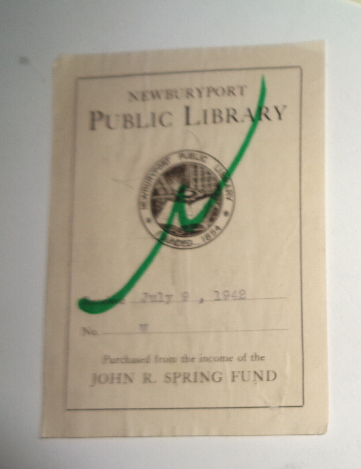 Newburyport Public Library Ex Libris Bookplate. 1942. Massachussetts.