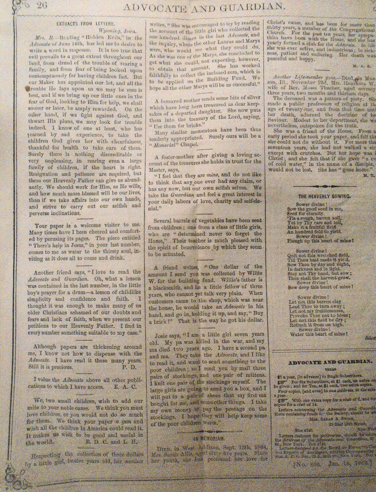 1869 Lot of 3 issues of  Advocate and Family Guardian