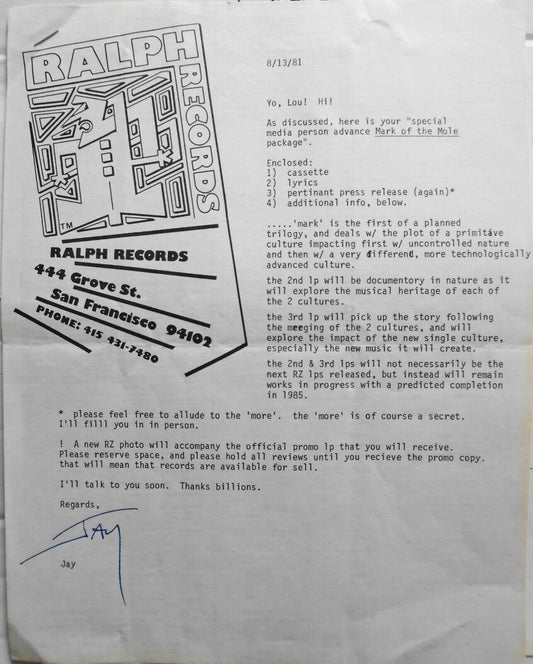 Jay Clem SIGNED letter 1981 & attachments  - original member of The Residents.
