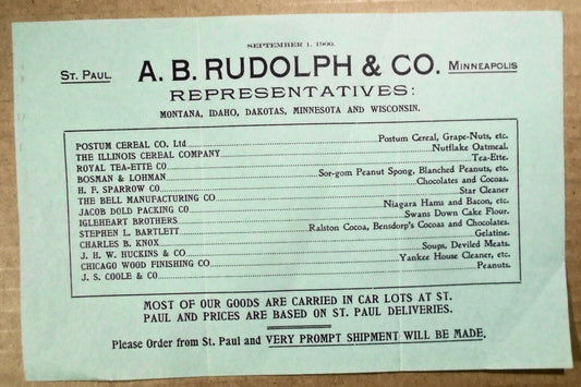 1900 A. B. Rudolph & Co. flyer - List of Representatives - St. Paul, MN  etc