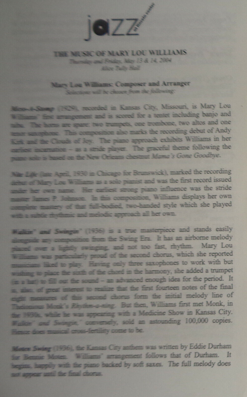 MUSIC OF MARY LOU WILLIAMS, PLAYBILL 2004 Jazz at Lincoln Center Wynton Marsalis