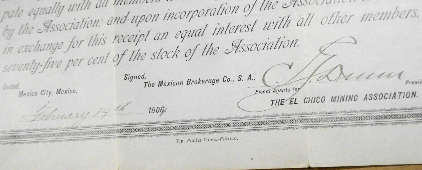 1907 El Chico Mining Association of Mexico Provisional Receipt Stock Certificate