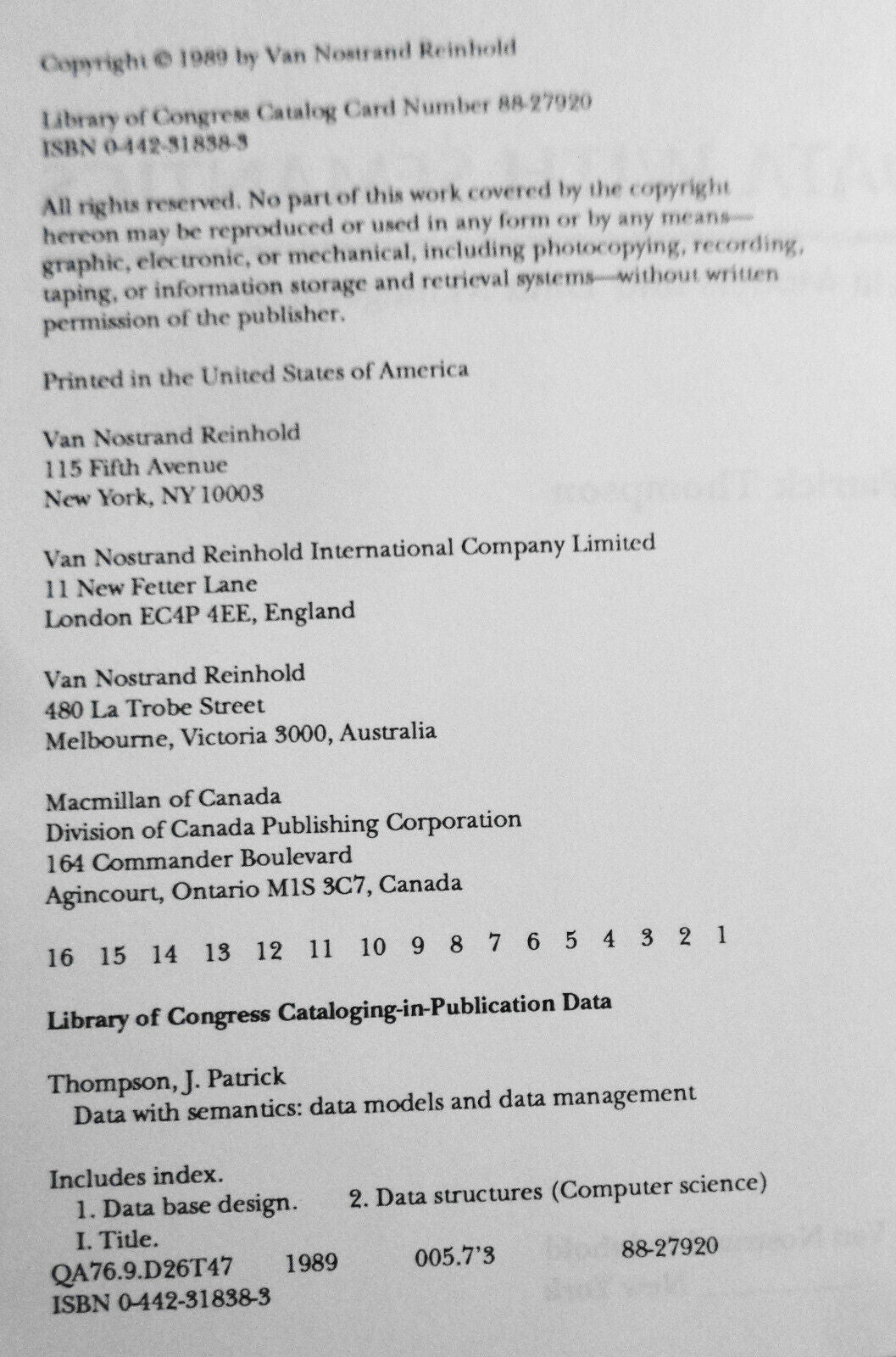 Data With Semantics: Data Models and Data Management by Patrick J. Thompson. HC