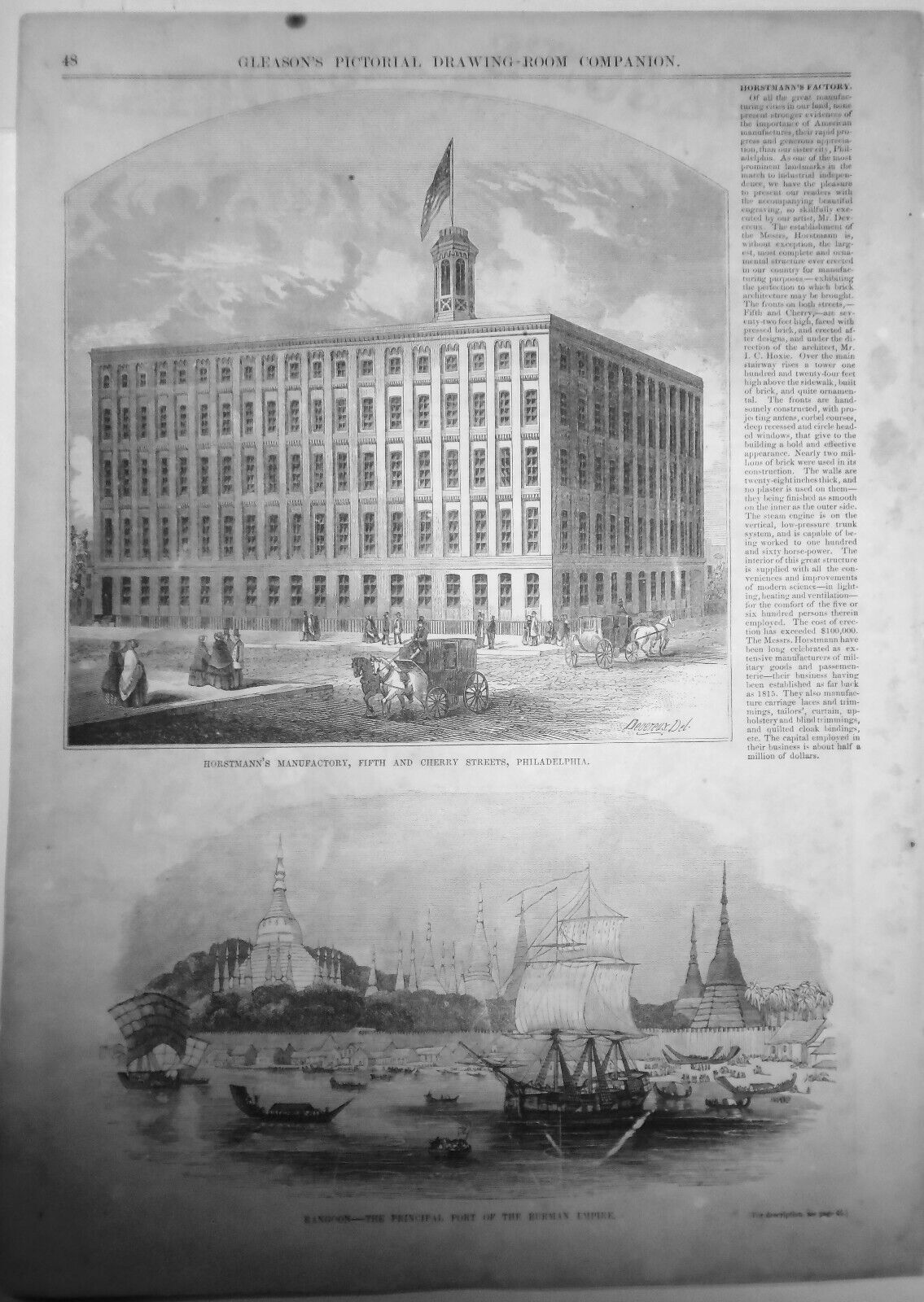 Horstmann's Manufactory & Rangoon port - 2 prints & story - Gleason's 1850s